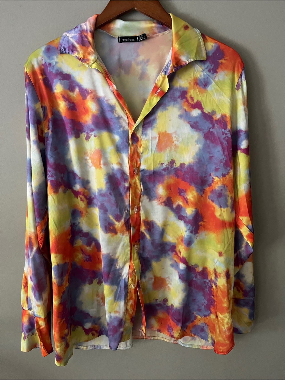 Boohoo Multicolor Tie-Dye Button Down Shirt - Yellow, Orange, Purple